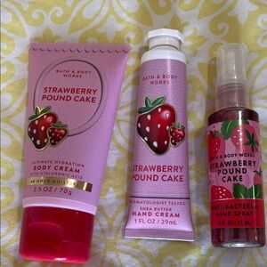 Bath & Body Works Strawberry Pound Cake Hand Cream & Hand Spray Set 3 Pieces NWT
